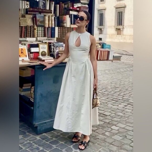 Commense Cotton & Linen Pleated Cutout Long Maxi Dress Cream - Picture 9 of 9